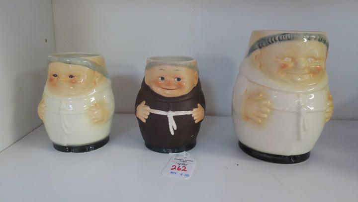 GOEBEL, Three FRIAR TUCK MUGS, Two White and 1 Brown:: GOEBEL, Three FRIAR TUCK MUGS, Two White and 1 Brown: White Mugs are 6" and 4" Tall, Brown is 4" Tall. (100-200)