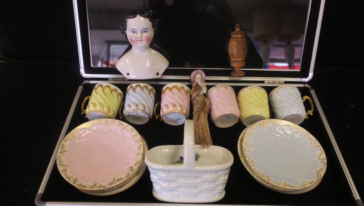 Antique Ladies Lot of Porcelains and More:: Antique Ladies Lot of Porcelains and More: Includes Artist Initialed, Six Cups and Saucers Demi- Tassel Se. White Limoges Handled Basket with Violets, 3 1/2" Square. Tureen Formed Wooden Needle Case 3