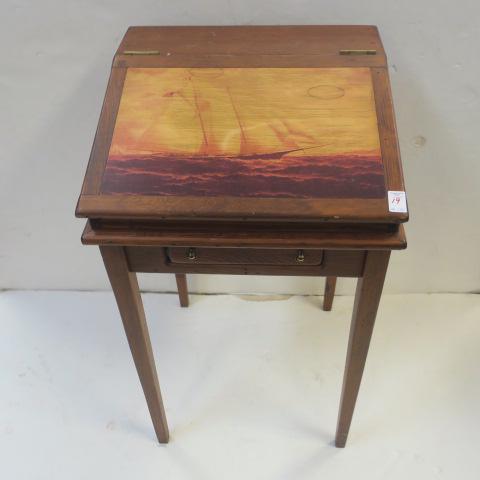 Slant Top Art Desk with Painted Yacht America:: Slant Top Art Desk with Painted Yacht America: Single Drawer in Front. Hand Painted Image of Yacht America, First Winner of Cup of 100 Guineas Value in Race Around the Isle of Wright in 1851. Now Know