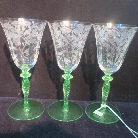 Three Rare Vaseline Twist Stem Water Goblets: (1 of 3)