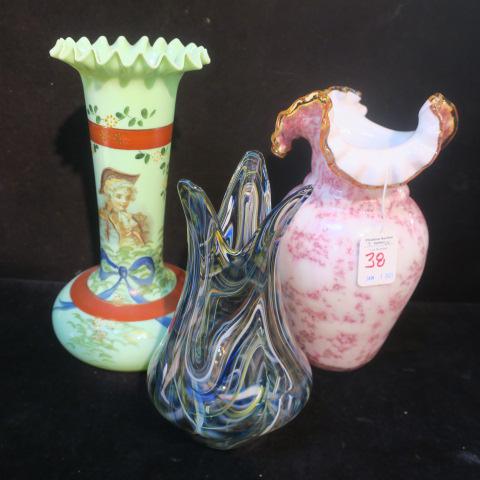 Three Victorian and Contemporary Art Glass Vases:: Three Victorian and Contemporary Art Glass Vases: Victorian Blown Ruffled Neck Vase has White Interior with White Exterior Having Pink and Silver Frit. Crimped and Ruffled Neck with Amber Rim. 8 7/8"T