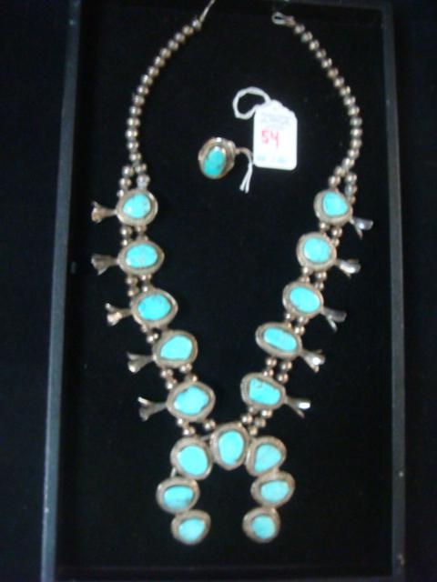 Silver and Turquoise Squash Blossom Necklace, Ring: (1 of 6)