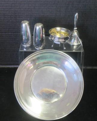 Sterling Silver Plate, Salt Dip, Shakers, Bell:: Sterling Silver Plate, Salt Dip, Shakers, Bell: Gorham 8 1/4" Under plate has Rolled Rim. Whiting 2"T Footed Salt Dip with Carved Bone Salt Spoon. Gorham "Celeste" 1336 3"T Salt & Pepper Shakers. 4"T 