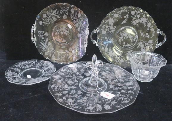 Five FOSTORIA Etched Glass Servers, Assorted Patterns: (1 of 3)