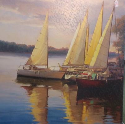 Color Enhanced Print of Hampton Sail Boat Rendezvous:: Color Enhanced Print of Hampton Sail Boat Rendezvous: Sailors and Their Boats Gather at Dusk to Discuss and Cuss Summer Day on the Chesapeake Bay. Enhanced Print with Paint Added, 35 1/2" x 35 1/2" on