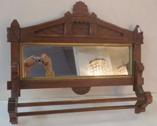 Eastlake Carved Walnut Hanging Towel Rack w/Mirror: (1 of 3)