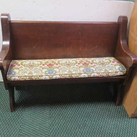Short Walnut Church Pew:: Short Walnut Church Pew: Pew has Loose Upholstered Floral Pattern Cushion. Pew is 37 1/2"T X 48"W X 15 1/2"D. Minor Age Wear. (100-200)