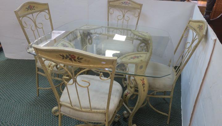 Glass Topped Tole Decorated Metal Table, Four Chairs: (1 of 4)