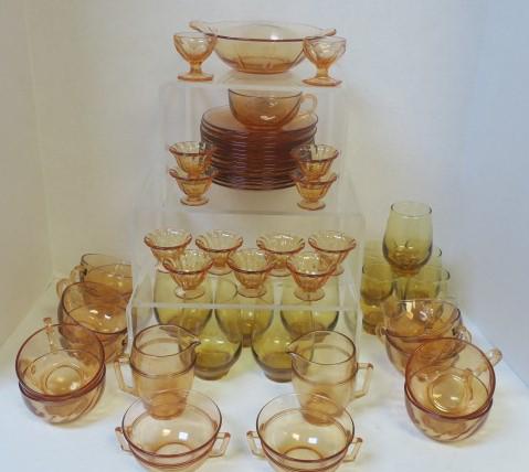 Large Grouping of 54 Pieces of Amber Glass Tableware: (1 of 4)