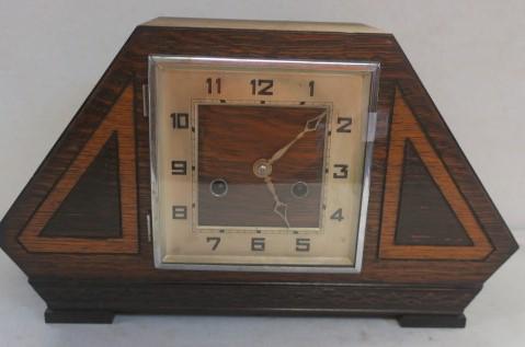 Art Deco HALLER CLOCK CO. Mixed Woods Mantle Clock: (1 of 5)