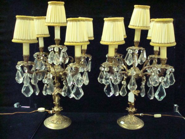 Pair of 5 Arm Antique French Table Chandeliers: Pair of 5 Arm Antique French Table Chandeliers: Brass Lights are 21"T at Center. Each has 4 Arms with Candlestick Lights and Center Light and Each One has 6 Drop Prisms with Larger Prism Between Each