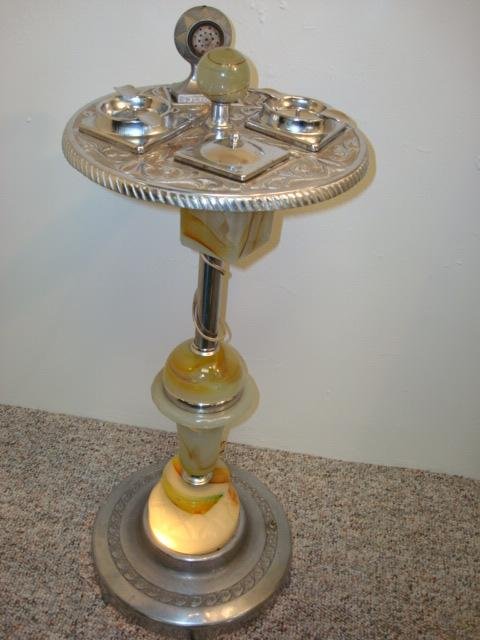 Art Deco MICO Chrome and Onyx Smoking Stand:: Art Deco MICO Chrome and Onyx Smoking Stand: 28"T Stand with 2 Onyx and Metal Ashtray and Onyx Cigarette Holder (Repaired). Lower Light In Stand Works. Also has Metal Fan. Embossed Top with Rope Bandi