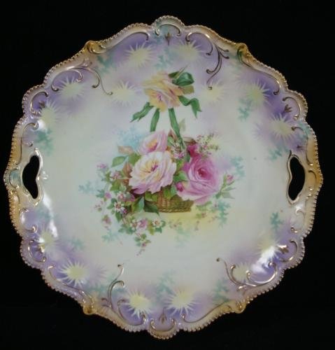 R.S. PRUSSIA Red Mark Mold 304 Cake Plate:: R.S. PRUSSIA Red Mark Mold 304 Cake Plate: Hanging Floral Rose Basket Transfer with Gold Accents. Nickel Mark. 10 1/2"D. (100=200)
