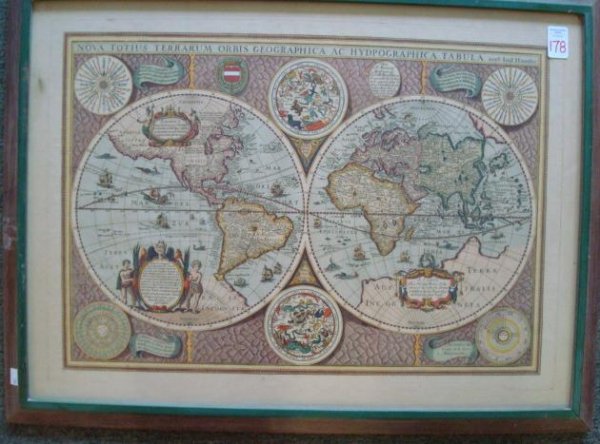 NICOLAS BEREY World Map After HONDIUS;: NICOLAS BEREY World Map After HONDIUS; Original Dated 1649, NOVA TOTUS TERRARIUM ORBIS GEOGRAPHICA. This Re-strike is 24" X 17" to Impress Mark. No Center Fold. Bottom Right Marcel Molinier 32 Rue Des
