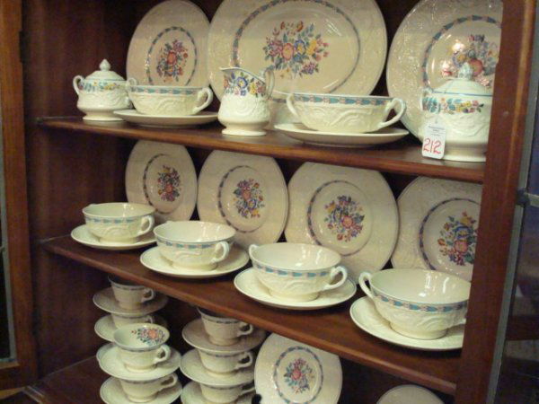 WEDGWOOD Patrician Morning Glory Dinnerware Pieces: WEDGWOOD Patrician Morning Glory Dinnerware Pieces: 52 Pieces Includes Two 9 1/2" Plates, 5 Soup Bowls, 7 Berry Bowls (One Crack, One Chip), 8 Cups, 6 Saucers, 6 Double Handled Soup Bowls with Underpl