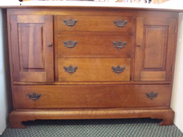 STICKLEY CHERRY VALLEY Buffet:: STICKLEY CHERRY VALLEY Buffet: Colonial Revival, Made in Fayetteville, NY. 3 Dove Tailed Drawers Over Long Lower Drawer. 2 Side Doors Open to Double Shelf Interior. Brass Batwing Pulls. Turn Lock Wood