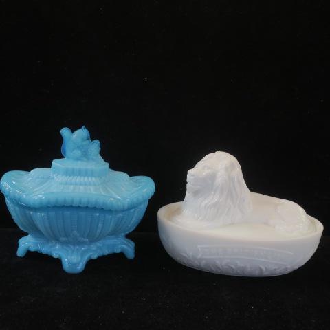 British Lion Antique White Milk Glass Covered Dish:: British Lion Antique White Milk Glass Covered Dish: 6 1/2" Long, 2 Chips under Lid on Edge. Ca. 1890's British Lion Banner on Both Sides. PLUS Turquoise Covered Footed Bowl with Squirrel Figure at Top