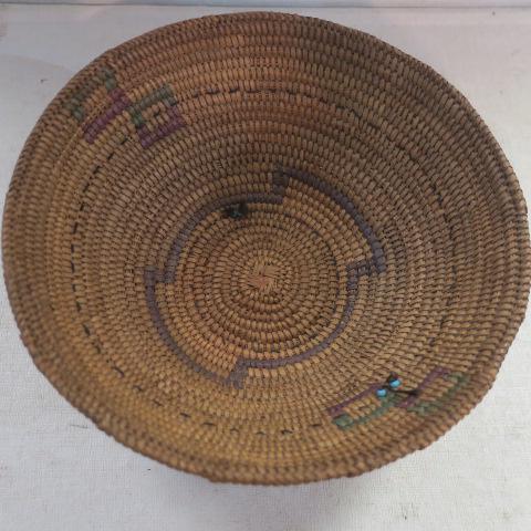 Southwest American Indian "Pima" Tribe Basket:: Southwest American Indian "Pima" Tribe Basket: Woven Coil Basket with Inset Traditional Symbols and Styles. Turquoise and Coral Bead Trim. Circa 1900-1930 per Consignor. 3 1/4"T, 8 1/4"D. (600-1200)