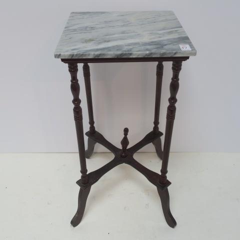 Marble Top Four Legged Stand:: Marble Top Four Legged Stand: Square White Marble with Grey Veining. Turned Legs, Splay Feet. Center Finial on X-Stretcher. Some Age Wear. No Cracks or Chips. 28"T, Top 14" Square. (100-200)
