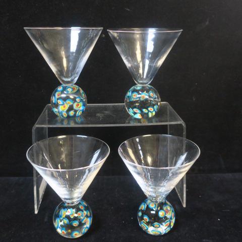 Four Murano Style Millefiori Ball Martini Glasses:: Four Murano Style Millefiori Ball Martini Glasses: Blown Glass Ball with Turquoise, Yellow and Red Millefiori Rods, Supports Cone Shape Glass. 4 3/4"T, 4"D at Top. (100-200)