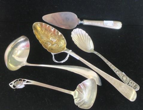 Sterling Silver Ladles, Spoons and Cheese Server:: Sterling Silver Ladles, Spoons and Cheese Server: Baker-Manchester Pierced Handle 5 1/2" Ladle, Gorham "Mothers" 7" Gravy Ladle, S. Kirk & Son 6" Repousse Sugar Spoon, English Berry Spoon with Gold Wa