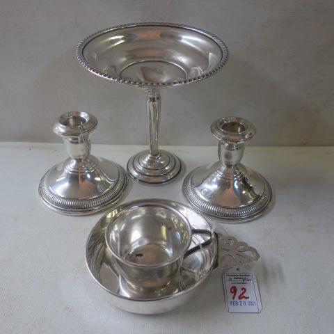 Sterling Silver Cup, Porringer, Candlesticks, Compote:: Sterling Silver Cup, Porringer, Candlesticks, Compote: Sterling Baby Cup is 1 5/8"T. Porringer with Pierced Handle is 4 1/4"D. Both Marked Pat. Jane Sterling. Pair of Lord Silver 3 1/2"T Weighted Cand