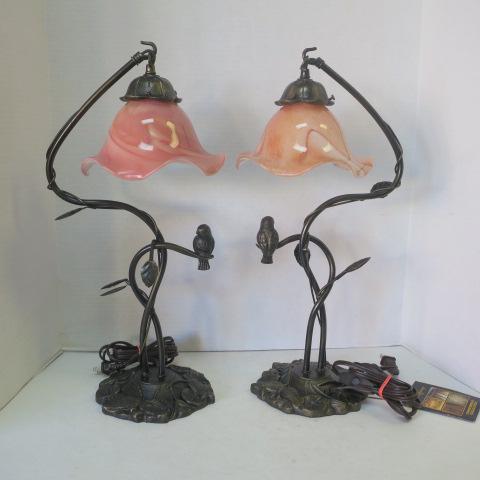 Pair of DALE TIFFANY Perched Bird Lamps:: Pair of DALE TIFFANY Perched Bird Lamps: Part of the Connoisseur Collection. Metal Tree Branch Base with Dragonflies and Perched Bird and Leaves. Antique Brass Finish. Rose/Peach Colored Fluted Glass 