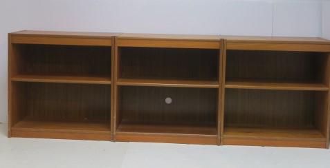 Three Double Shelf Book Cases, Made in Denmark;: Three Double Shelf Book Cases, Made in Denmark; Teak Veneer. 29 1/2" x 29 1/2" x 12". (150-300)