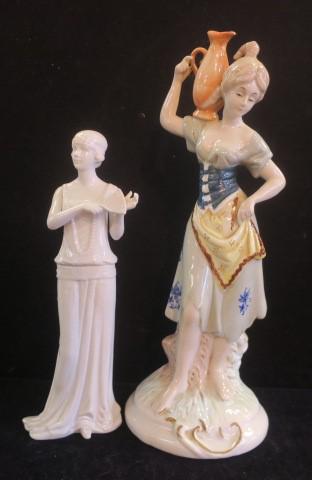 Two Porcelain Female Figurines:: Two Porcelain Female Figurines: Hand Painted Female Carrying Water Jug on Shoulder is 12"T. MANN Blanc de Chine Female with Fan is 9"T. (40-80)