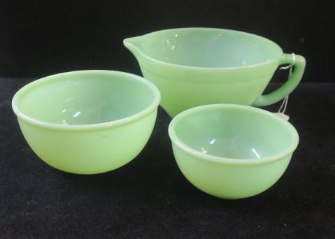 FIRE KING Jadeite Batter Bowl and Two Small Bowls:: FIRE KING Jadeite Batter Bowl and Two Small Bowls: Handled Batter Bowl is 3 3/4"T, 7 1/2"D. Two Small Bowls are 3"T, 6"D and 2 1/2"T, 4 3/4"D. (80-160)