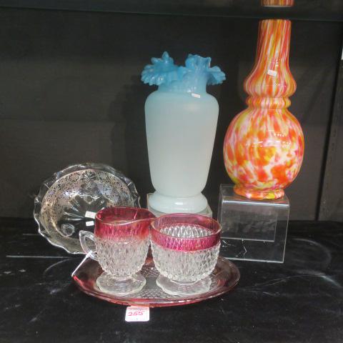 Glass Vases, Silver Overlay Bowl, Sugar, Creamer, Tray:: Glass Vases, Silver Overlay Bowl, Sugar, Creamer, Tray: End of Day Cased Glass Vase is 10 1/4"T, Blown Pale Blue Ruffled Rim Glass Vase is 9 1/2"T. Footed Bowl with Floral Silver Overlay is 7"D. Diamo