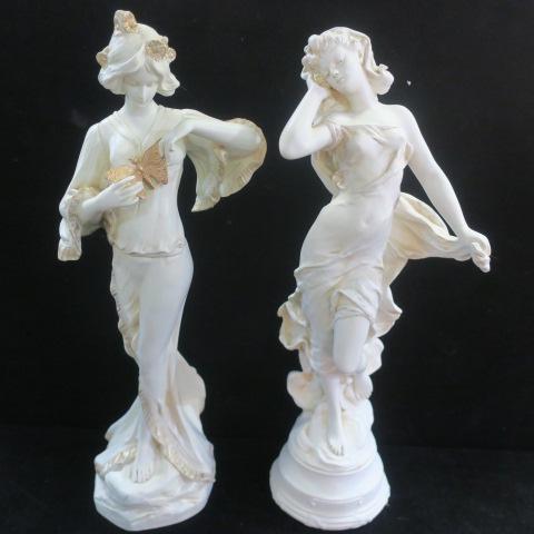 Two Composition Greek Spirtes of Night and Day:: Two Composition Greek Spirtes of Night and Day: Each is 18 1/2" Tall. The First with Gilt Hems with an Golden Butterfly Alighting on Her Bosom. CELINE, The Moon Goddess, Dances across the Night Sky. (