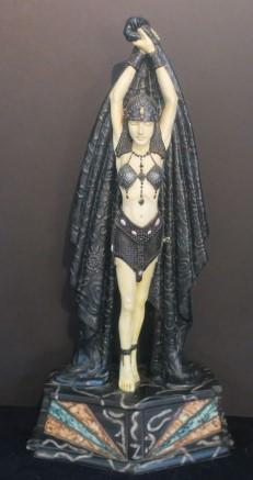 ANTINEA DEMETRE CHIPARUS Style Composition Statue:: ANTINEA, DEMETRE CHIPARUS Style Composition Statue: Chainmail Clad Erotic Dancer in Classic STARFISH Pose. On 3 1/4" Plinth. 10 1/2" x 10 1/2" x 5". Very Good Condition. Antinea lived in a cave with 1