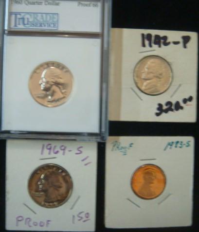 Four US Proof Coins: Four US Proof Coins 1960 Silver Quarter Dollar, 1969S Quarter Dollar, 1942P Silver Nickel. 1983S Lincoln Penny. (100-200)