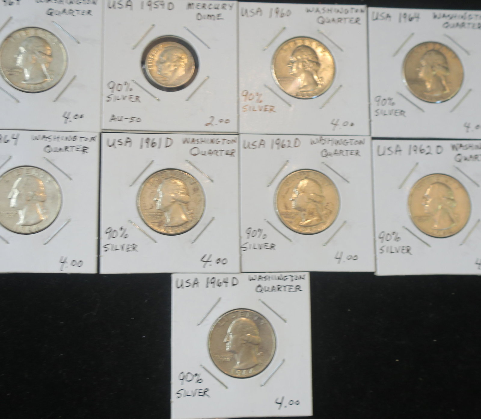 Eight .90 Silver WASHINGTON Quarters and Silver Dime:: Eight .90 Silver WASHINGTON Quarters and Silver Dime: 1959D .09 Silver ROOSEVELT Dime. Various Conditions and Mints. (80-150)