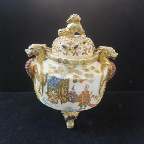 Large Satsuma Japanese Earthenware Censer:: Large Satsuma Japanese Earthenware Censer: Three Animal Form Legs in Gold Support Octagonal Censer with Crackle Finish. Hand Painted Figures with Enamel and Gold. Handles are Winged Dragons. Pierced L