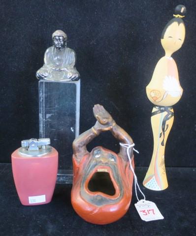 Four Assorted Japanese Items:: Four Assorted Japanese Items: Unusual Pottery Ashtray of Figural Creature with Open Mouth and Raised Arms. 5"T. Hand Painted Wooden Female Figure is 10 1/4"T. Triangular PRINCE Lighter with Impressed 