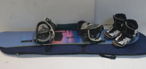 Boy's BURTON Snowboard, Boots and Carrying Bag:: Boy's BURTON Snowboard, Boots and Carrying Bag: Powder Blue Snowboard, Very Good Condition. Regular Set Up, 63" x 12". Size 10 White Snowboard Boots, AIRWALK by FREERIDE. (100-200)
