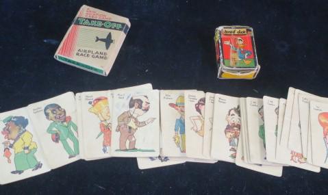 3 1940's Card Games; DONALD DUCK, OLD MAID, TAKE-OFF: 3 1940's Card Games; DONALD DUCK, OLD MAID, TAKE-OFF WHITMAN'S 1940 OLD MAID, with some Period Characters. 1946 Miniature DONALD DUCK Rummy Game with Cardboard Case. Russell MFG Take-off; 1040's Airpl