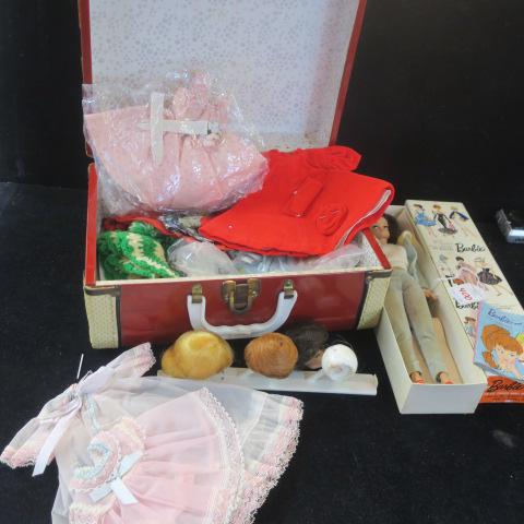 1963 Barbie Fashion Queen Doll with Wigs and Clothing:: 1963 Barbie Fashion Queen Doll with Wigs and Clothing: Molded Head with Brown Hair and Headband and 3 Wigs in Blonde, Brunette and Titian on Stand. Also Extra Head with Bubble Cut Rooted Hair. Mark on