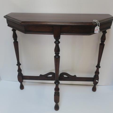 Beveled Edge Mahogany 3 Leg Entryway Table:: Beveled Edge Mahogany 3 Leg Entryway Table: Faceted Top with Beveled Edge. Vase and Ring Turned Legs. 30"T, 32" X 12" (100-200)