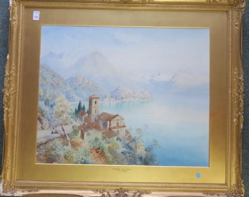 H.B. WIMBUSH "Lbegacio, Lake Lugano" Watercolor:: H.B. WIMBUSH "Lbegacio, Lake Lugano" Watercolor: In Gold Frame (Damaged). Henry Wimbush (1858-1943) was a Prolific English Landscape Painter, Book Illustrator and Postcard Artist. Signed Lower Left. 2