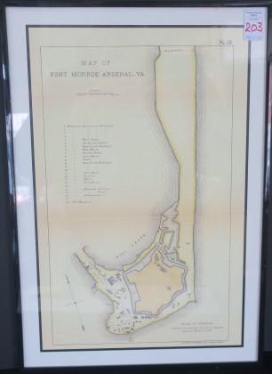 MAP OF THE FORT MONROE ARSENAL, VA. #13:: MAP OF THE FORT MONROE ARSENAL, VA. #13: Photo-lithographic Co NY (Osborne Process) Approved March 3, 1875. Details of Our Very Own FORTRESS Monroe. Framed and Matted in Narrow Black Metal Frame to 19