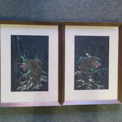 Pair of "Crouching Tigers" Painted on Silk:: Pair of "Crouching Tigers" Painted on Silk: The Big Cats Face Off against Each Other in Jungle Scape. Black sild Ground with Gilt Painted Tigers. Each is 16" x 10" Matted and Framed to 23 1/2 x 17 1/2