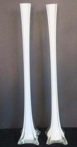 Pair of White to Clear Cased Glass 24" Tall Bud Vases:: Pair of White to Clear Cased Glass 24" Tall Bud Vases: White Encased in Clear Squared Vases, Hand Blown in C China by Excel Glassware. No Chips or Cracks. Perfect for those Long Stemmed Roses. (60-150