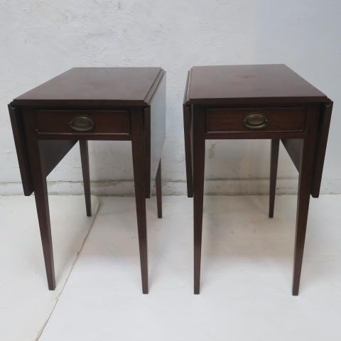 Pair of Mahogany Pembroke Tables:: Pair of Mahogany Pembroke Tables: Each with Single Drawer and Bail Pulls. Square Tapering Legs. Each is 26"T, 15" X 23" with 12" Drops on Each Side. (200-400)