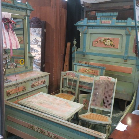 Victorian Painted Solid Wood Six Piece Bedroom Set:: Victorian Painted Solid Wood Six Piece Bedroom Set: Eastlake Style Full Size Bed with 75"T Headboard with Footboard and Rails. Matching 3 Drawer, Single Door Wash Stand, 36 3/4"T, 29" X 14 1/2". Four