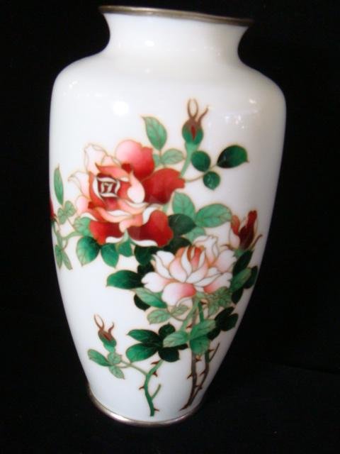 SATO Rare White Japanese Cloisonné Vase:: SATO Rare White Japanese Cloisonné Vase: Very Fine Wires on Roses and Leaves on White Enamel Ground. Silver Mounts at Foot and Rim. Bottom Rim Marked "Japan, Sato Cloisonné" with Sato Mark.
