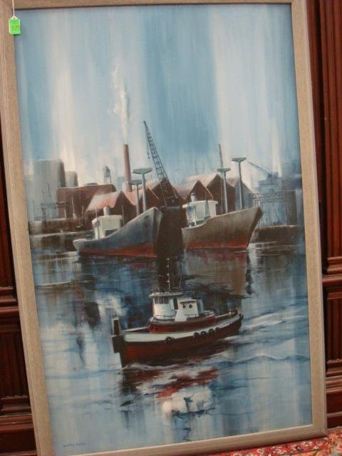 Signed BARCLAY SHEAKS Seascapes Acrylic on Canvas:: Signed BARCLAY SHEAKS Seascapes Acrylic on Canvas: Virginia Artist, Author and Professor. 1928-, Nationally Known Landscape and Figural Painter. Harbor Scene is 4' X 30" in 2" Frame.
