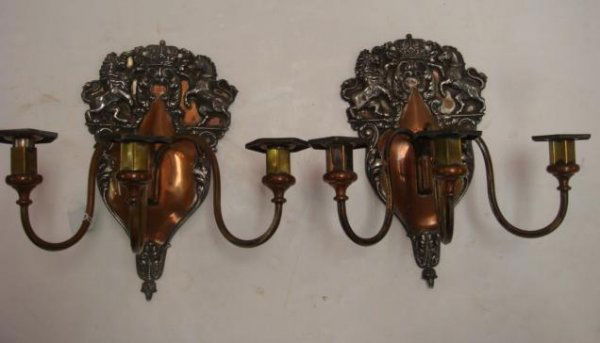 Pair of 3 Arm Copper and Silver Heraldic Sconces: Pair of 3 Arm Copper and Silver Heraldic Sconces: Stamped Metal with 2 Tone Finish, Removable Arms and Bobeches. Shield Shaped Back Plate with Standing Lion and Unicorn. Impressed Mark with Crossed Ke
